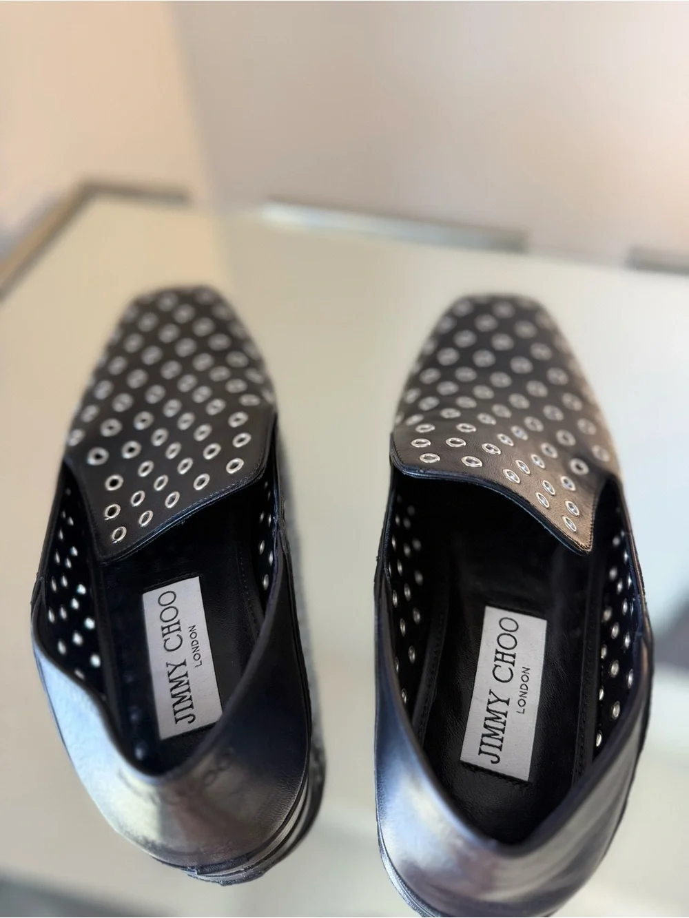 Jimmy Choo Eliot Slipper Black Metallic Nappa Leather Slippers with Eyelets